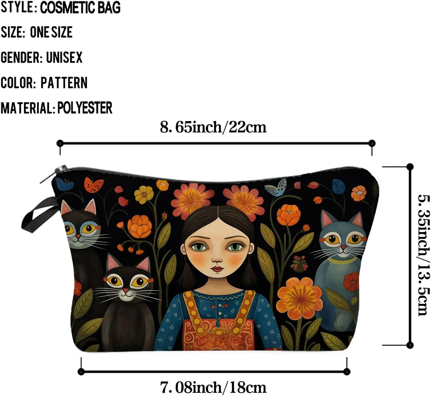 Young Lady with Cats Makeup Bag Folk Art Painting Small Cute Organizer Bag Zipper Pouch Young Lady with Cats Print Cosmetic Bag Present for Women Friends Cat Lovers