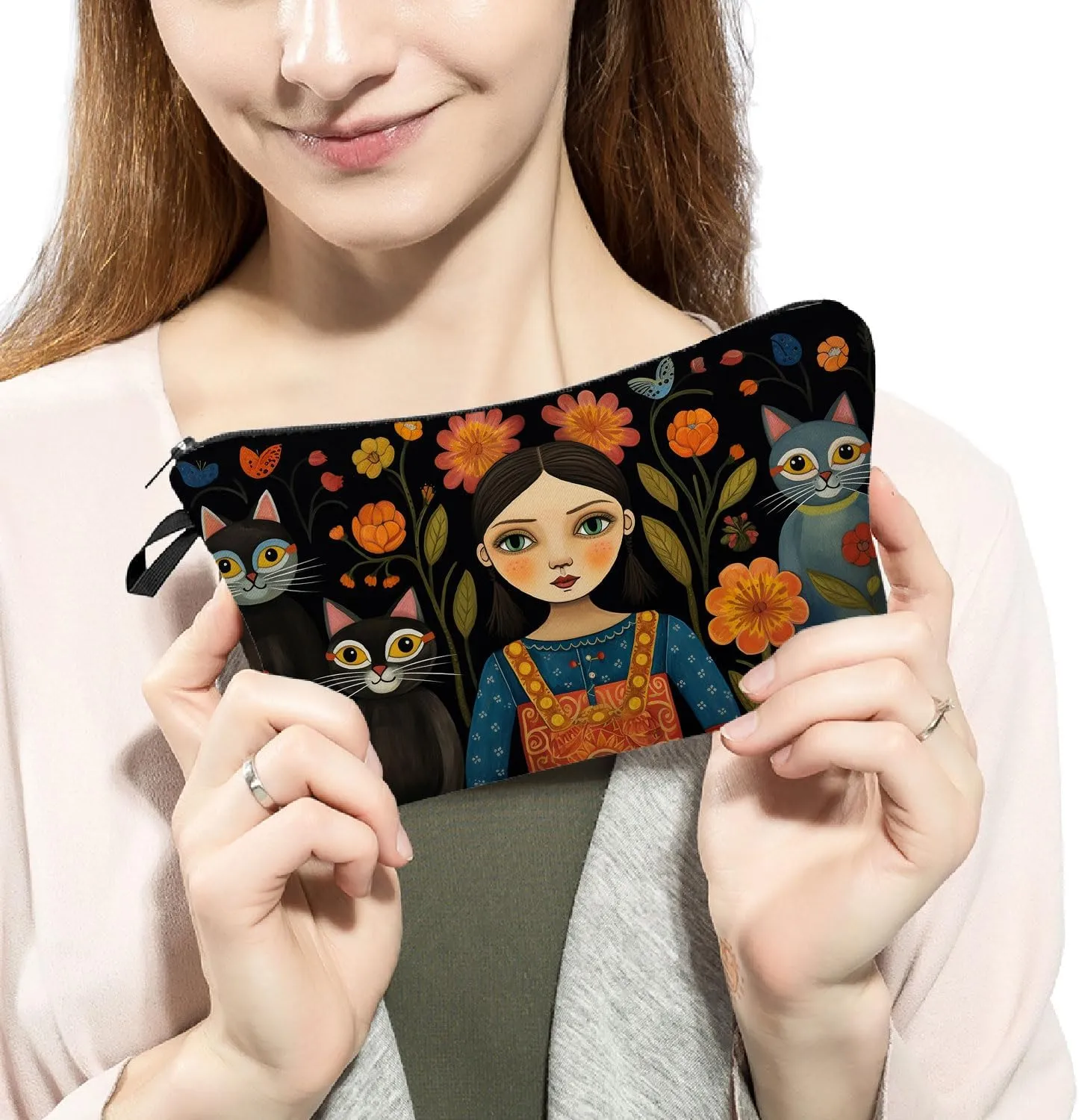Young Lady with Cats Makeup Bag Folk Art Painting Small Cute Organizer Bag Zipper Pouch Young Lady with Cats Print Cosmetic Bag Present for Women Friends Cat Lovers