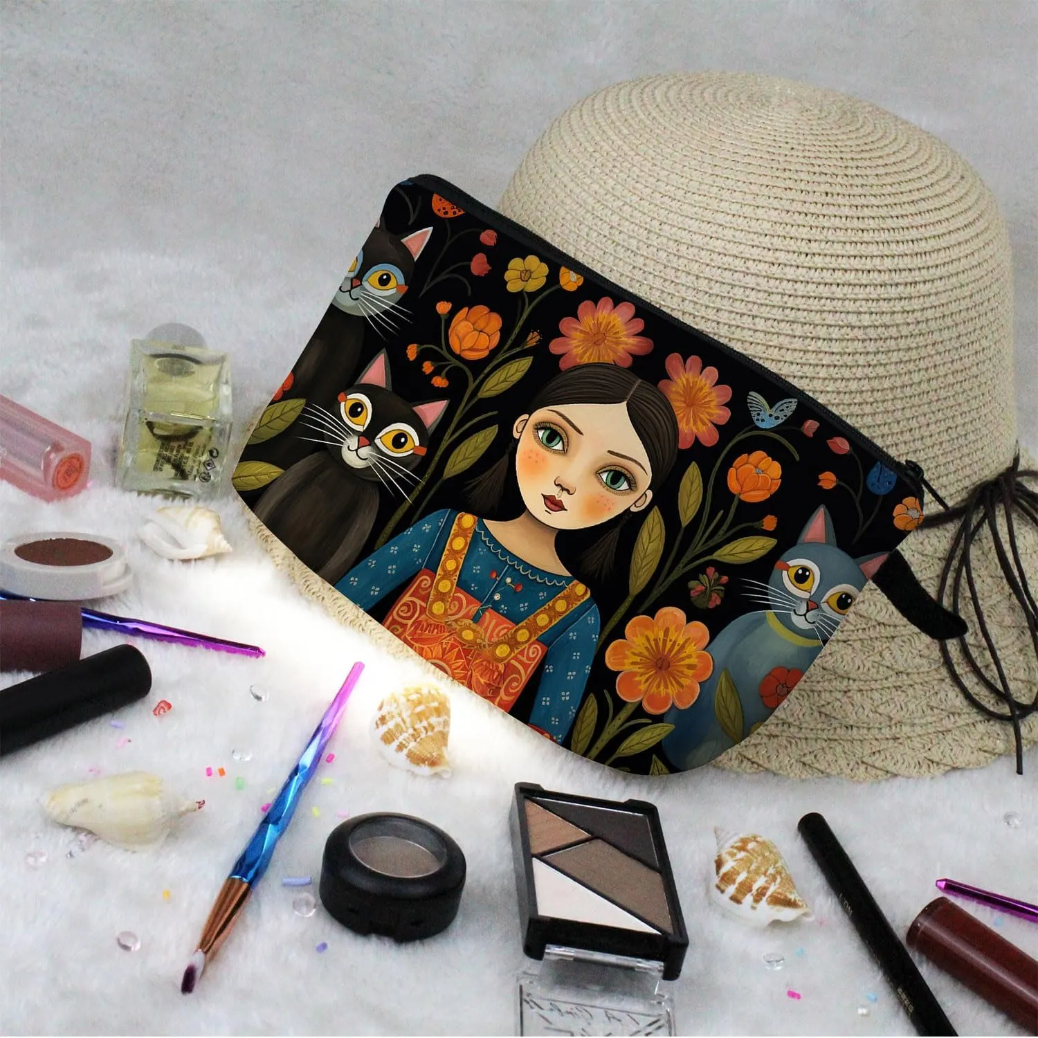 Young Lady with Cats Makeup Bag Folk Art Painting Small Cute Organizer Bag Zipper Pouch Young Lady with Cats Print Cosmetic Bag Present for Women Friends Cat Lovers