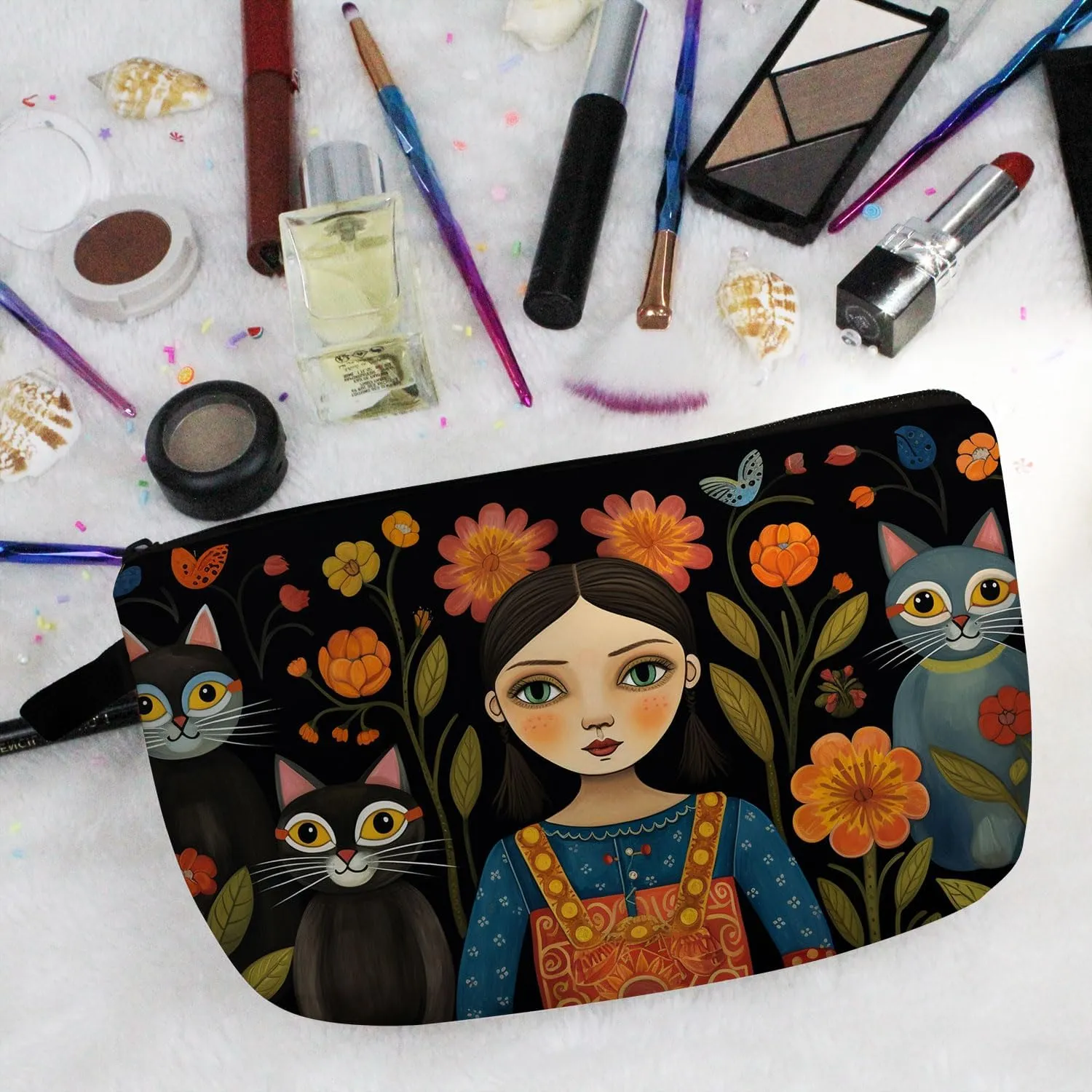 Young Lady with Cats Makeup Bag Folk Art Painting Small Cute Organizer Bag Zipper Pouch Young Lady with Cats Print Cosmetic Bag Present for Women Friends Cat Lovers