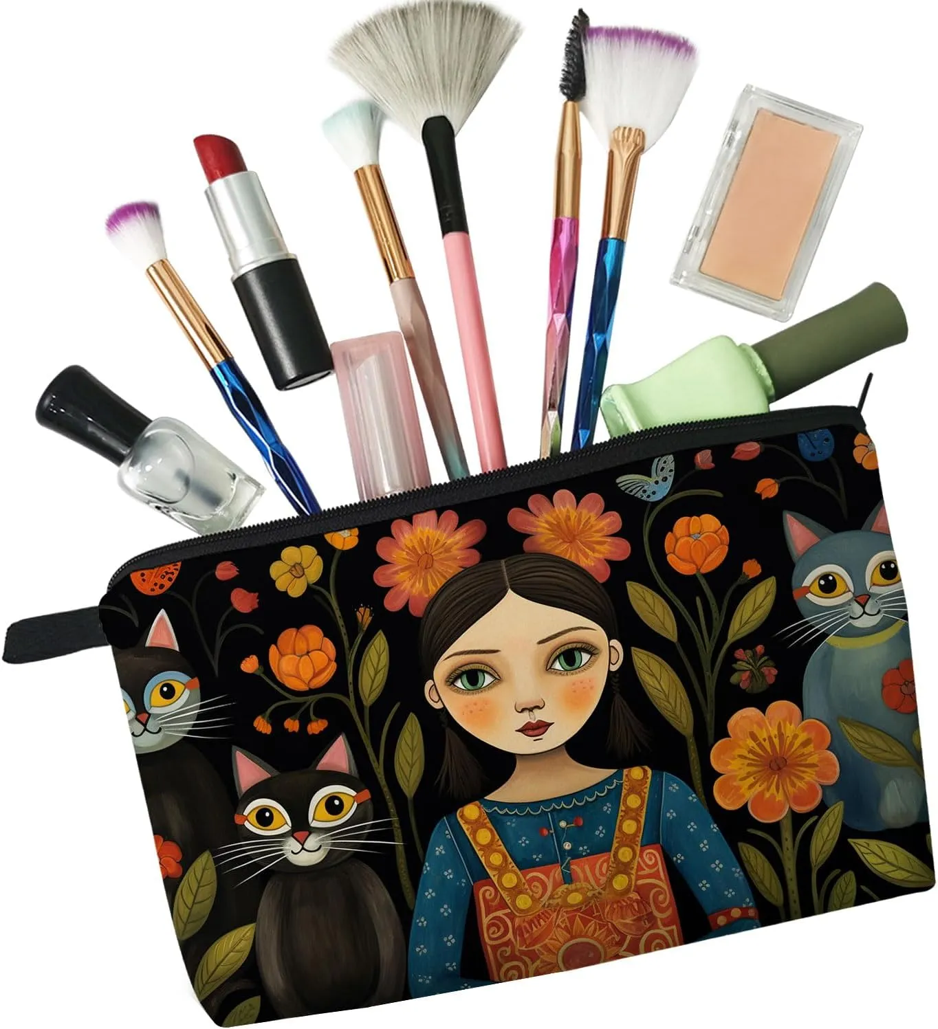 Young Lady with Cats Makeup Bag Folk Art Painting Small Cute Organizer Bag Zipper Pouch Young Lady with Cats Print Cosmetic Bag Present for Women Friends Cat Lovers