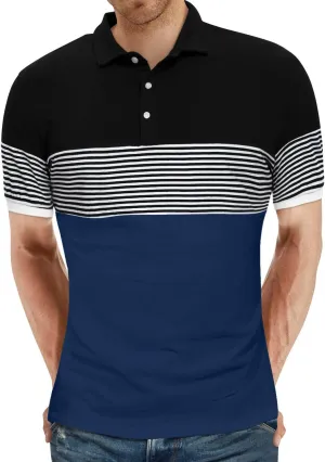 YTD Men's Short Sleeve Polo Shirts Casual Slim Fit Contrast Color Stitching Stripe Cotton Shirts
