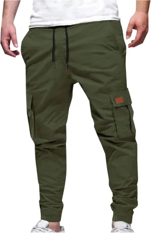 YUHGODO Mens Slim Fit Cargo Pants - Casual Tapered Drawstring Elastic Waist Athletic Joggers Sweatpants with Multi Pockets