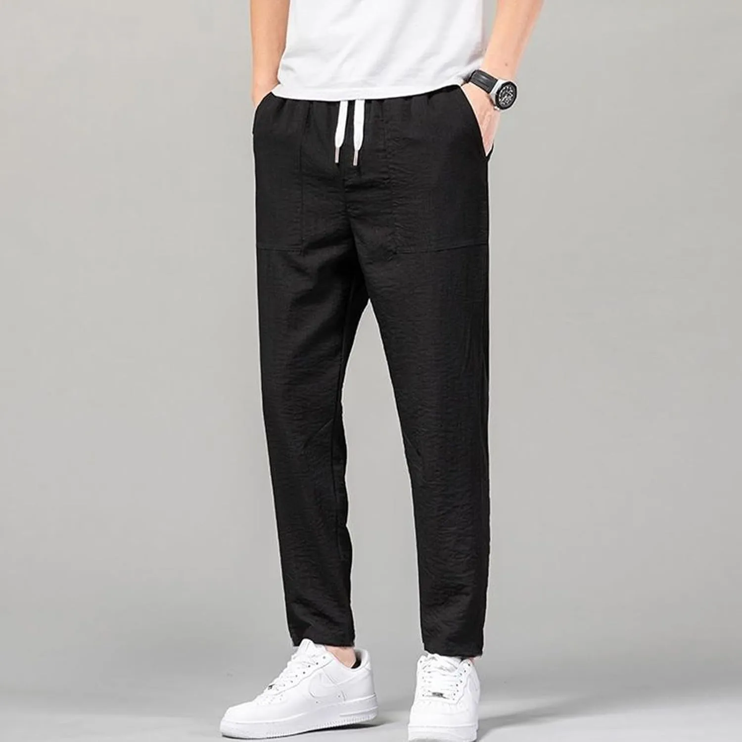 YUHGODO Straight-Leg Pants for Men Elastic Waist Drawstring Lightweight Comfy Trousers Slim-Fit Stretch Golf Pant for Work