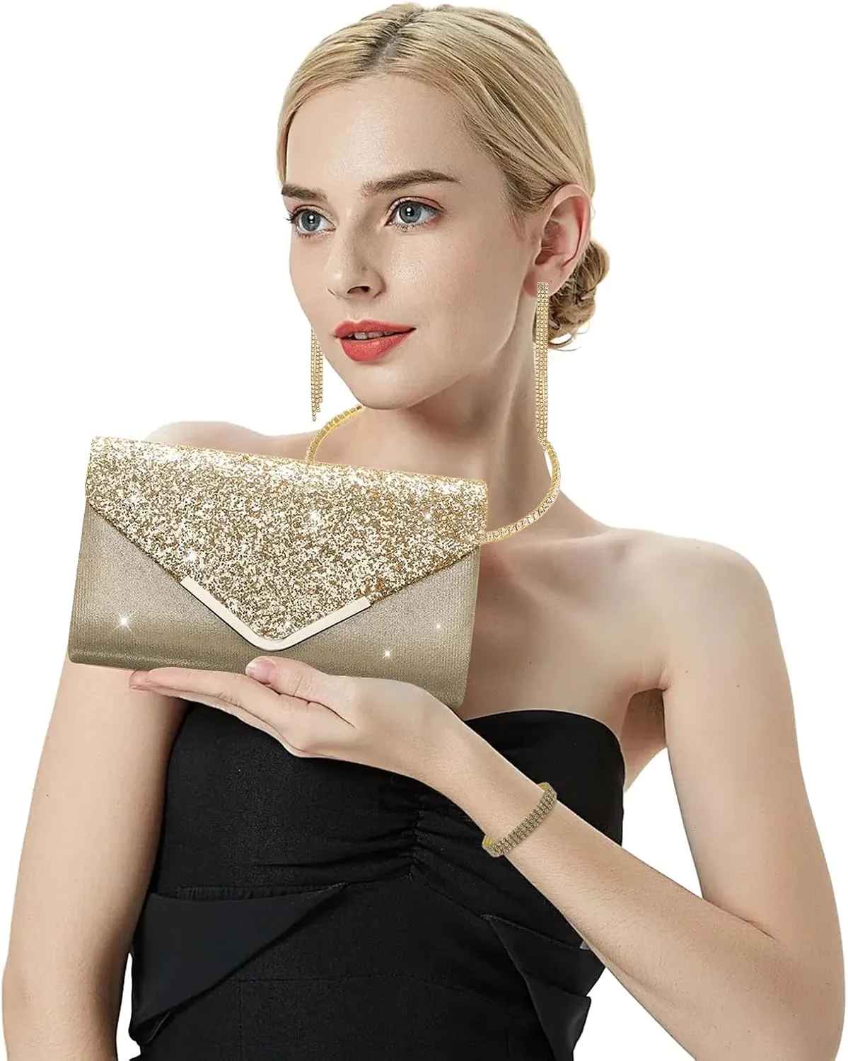 YYW 4 Pieces Women Evening Handbags Clutch Purse Bag with Rhinestone Crystal Jewelry Set for Wedding Party