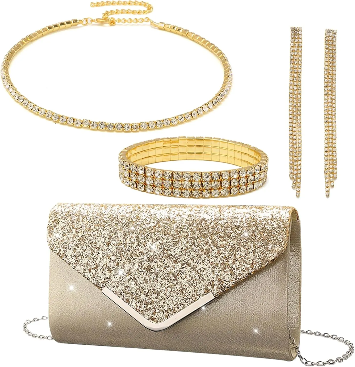 YYW 4 Pieces Women Evening Handbags Clutch Purse Bag with Rhinestone Crystal Jewelry Set for Wedding Party