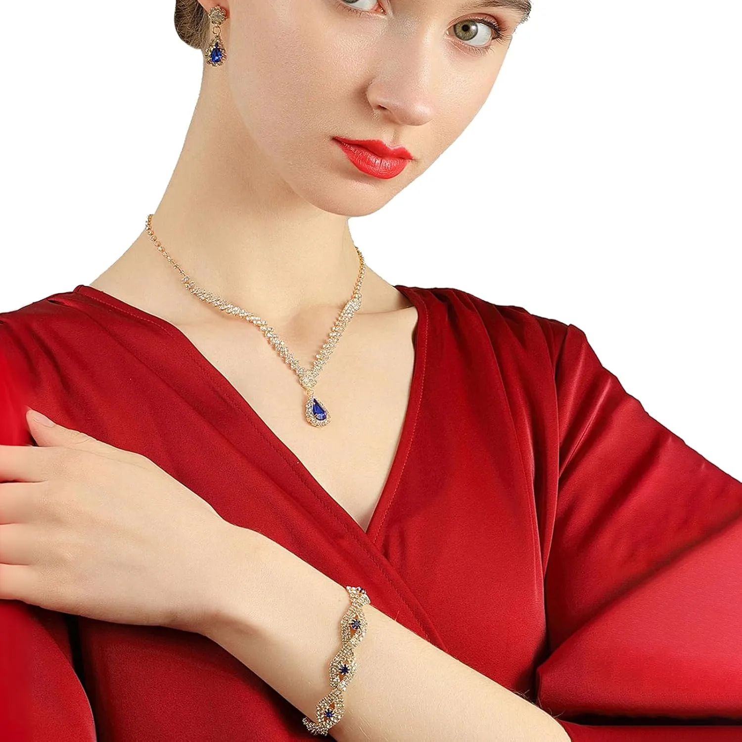 YYW 4 Pieces Women Evening Handbags Clutch Purse Bag with Rhinestone Crystal Jewelry Set for Wedding Party