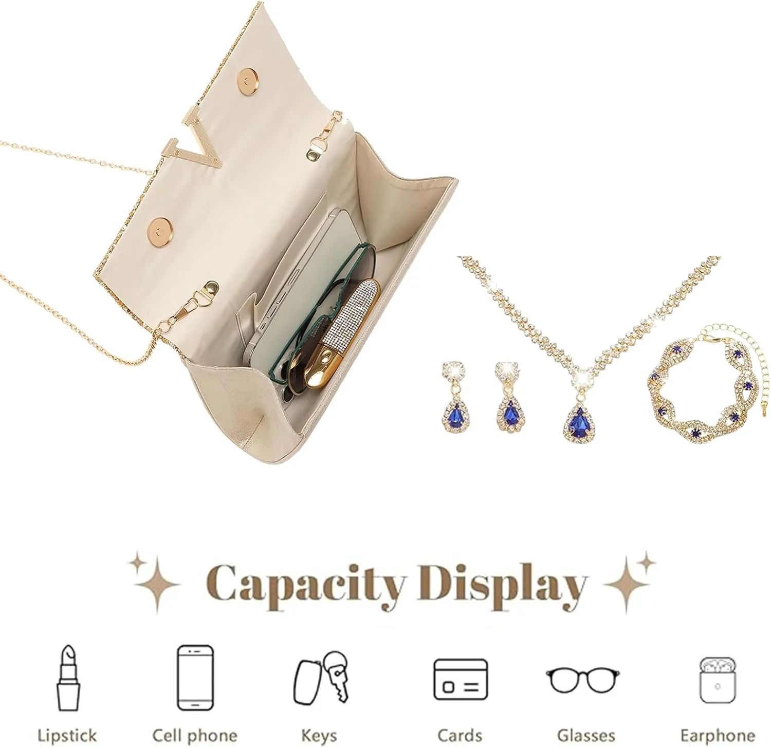YYW 4 Pieces Women Evening Handbags Clutch Purse Bag with Rhinestone Crystal Jewelry Set for Wedding Party