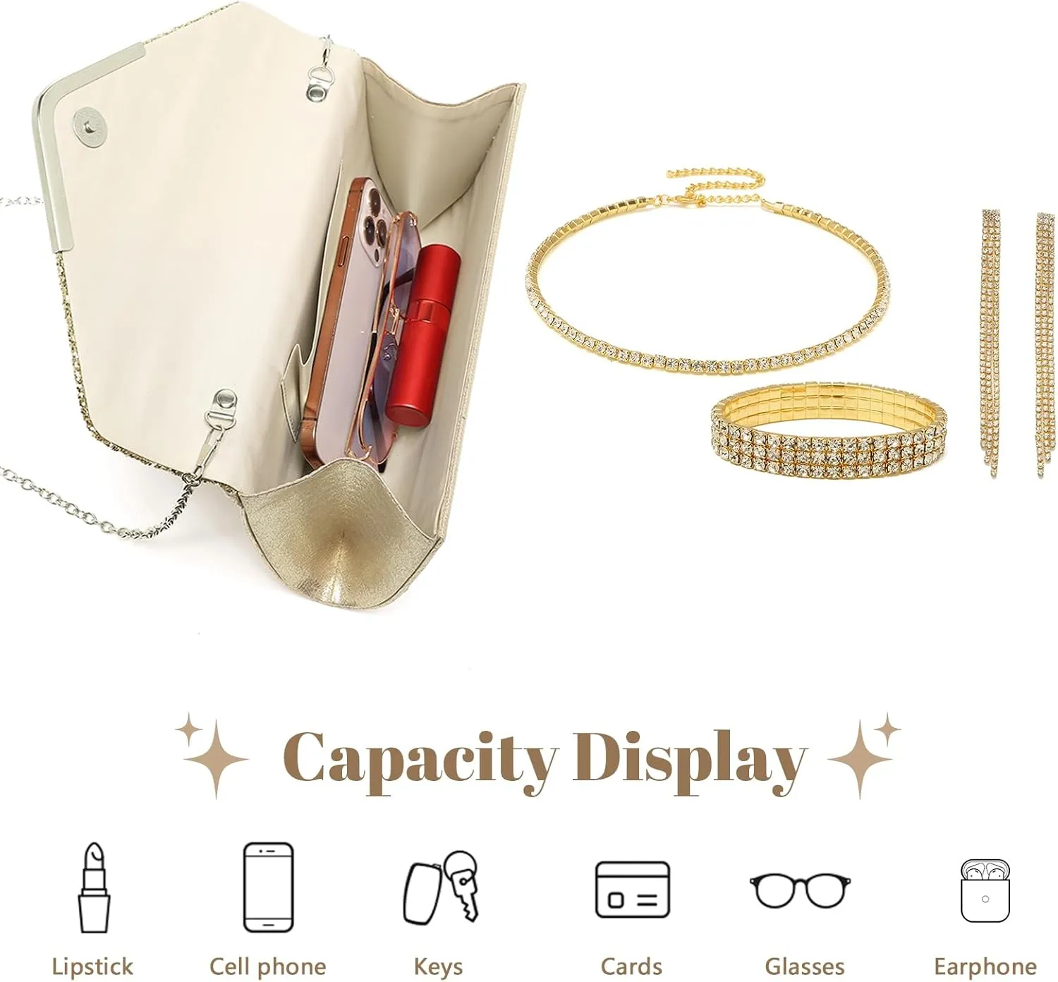 YYW 4 Pieces Women Evening Handbags Clutch Purse Bag with Rhinestone Crystal Jewelry Set for Wedding Party