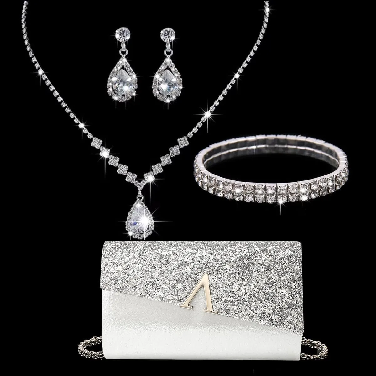 YYW 4 Pieces Women Evening Handbags Clutch Purses Shoulder Bag with Rhinestone Jewelry Set for Party Wedding