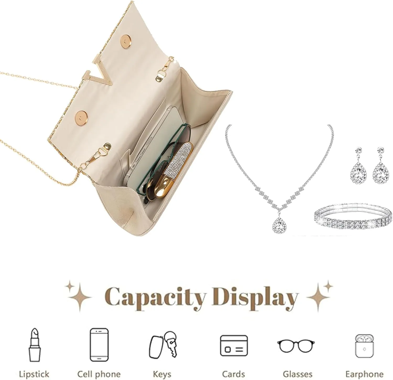YYW 4 Pieces Women Evening Handbags Clutch Purses Shoulder Bag with Rhinestone Jewelry Set for Party Wedding
