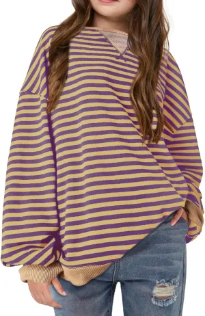 ZDC Girls Oversized Sweatshirt Striped Fall Sweatshirts Crew Neck Long Sleeve Shirt Casual Loose Pullover Tops