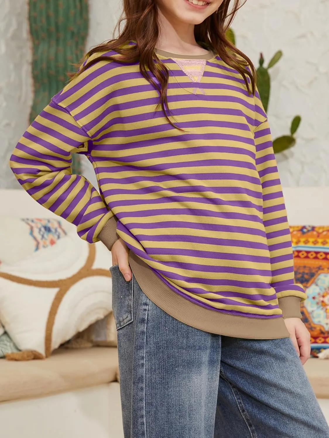 ZDC Girls Oversized Sweatshirt Striped Fall Sweatshirts Crew Neck Long Sleeve Shirt Casual Loose Pullover Tops