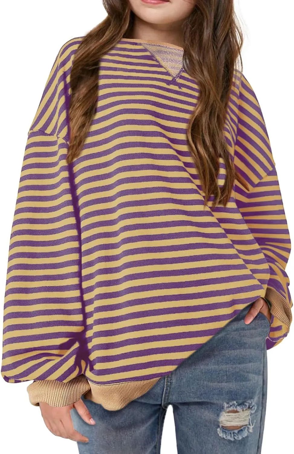 ZDC Girls Oversized Sweatshirt Striped Fall Sweatshirts Crew Neck Long Sleeve Shirt Casual Loose Pullover Tops