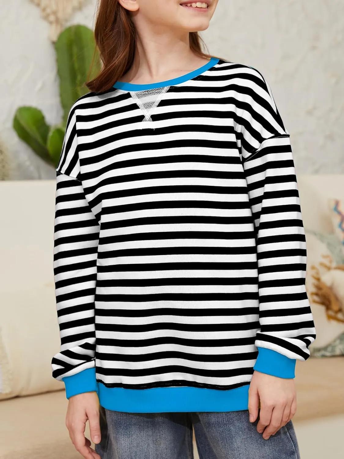 ZDC Girls Oversized Sweatshirt Striped Fall Sweatshirts Crew Neck Long Sleeve Shirt Casual Loose Pullover Tops