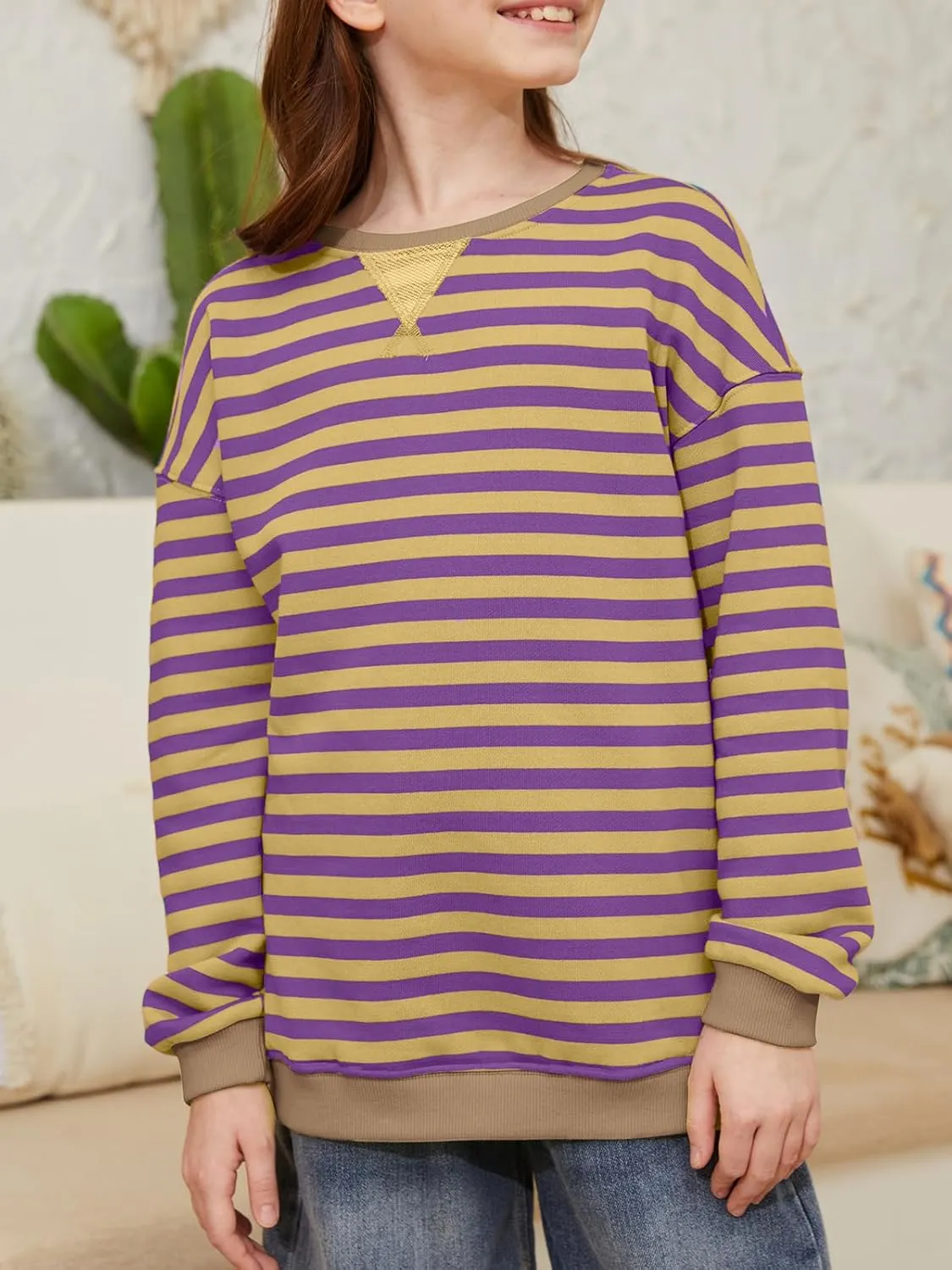 ZDC Girls Oversized Sweatshirt Striped Fall Sweatshirts Crew Neck Long Sleeve Shirt Casual Loose Pullover Tops
