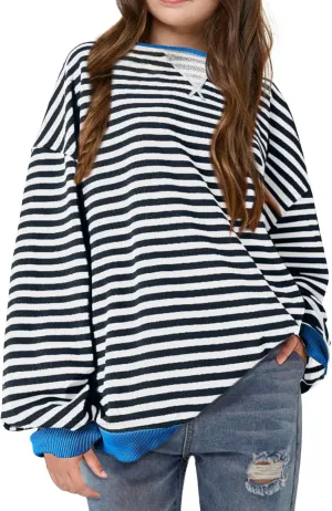 ZDC Girls Oversized Sweatshirt Striped Fall Sweatshirts Crew Neck Long Sleeve Shirt Casual Loose Pullover Tops