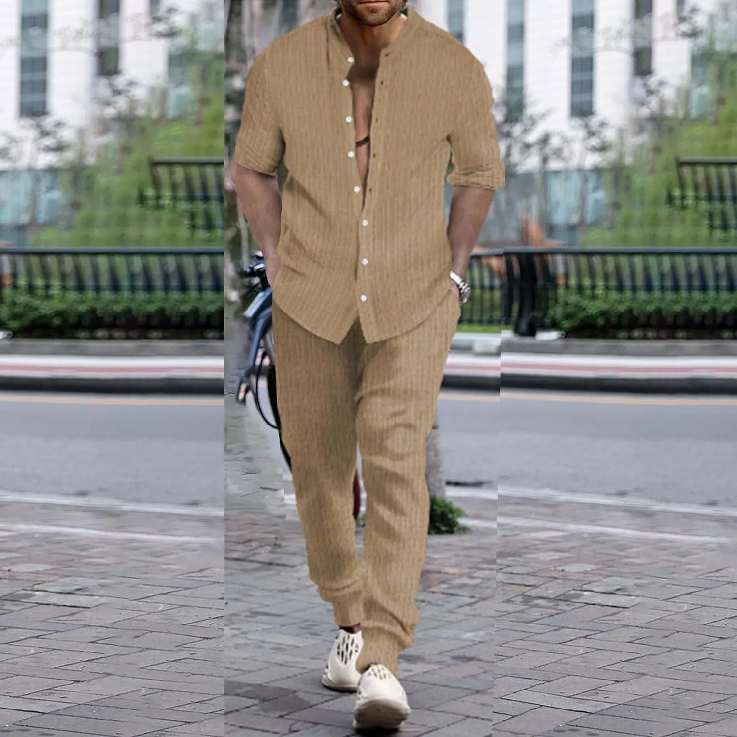 ZYXTIM Men's Casual 2 Piece Outfit Beach Vacation Summer Matching Set Long Sleeve Henley Shirts & Elastic Waist PantsOutfits